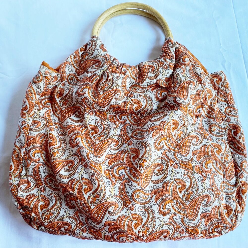 New Kashmere Wood-Handle Cotton Paisley Boho Bag with Huge Matching Shawl